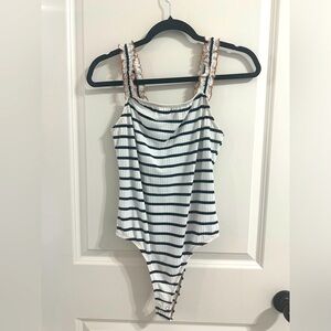 Hem & Thread orange, white, black and ruffle strap women’s medium body suit!